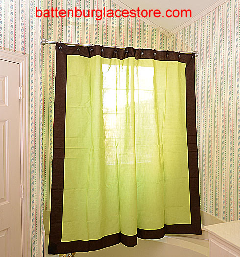 Shower Curtain. Macaw Green with French Roast border